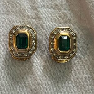 GIO Gold Tone Emerald Green Rhinestone Clip-On Earrings